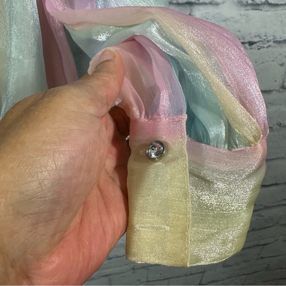 Aura Pastel Rainbow Sheer Tie-Neck Blouse - Picture 3 of 5